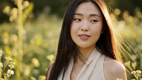 Beautiful Asian Woman in a Field of Flowers.