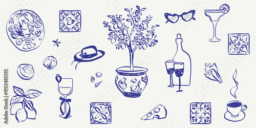 Sketch style summer icons featuring beach scenes, sea elements and doodle art. Vintage vacation graphics with Italian coastal vibes, hand drawn symbols and Mediterranean charm. Vector illustration