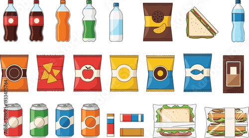 Flat vector illustration set of snack food and drinks including soda bottles colorful chips packages sandwiches cans and sweets isolated on white background.