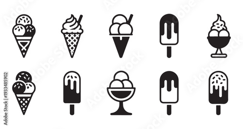 Assortment of frozen dessert icons including cones cups and popsicles perfect for summer