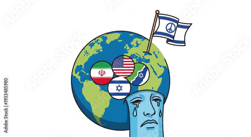 Planet crying, symbolizing tensions or diplomacy: flags of Iran, the United States, and Israel, symbolizing geopolitics and international relations, vector illustration.
