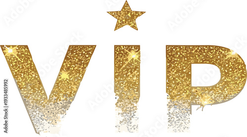 Golden VIP text vector illustration with luxury glitter texture and sparkling star element isolated on white background for premium membership and exclusive event design.