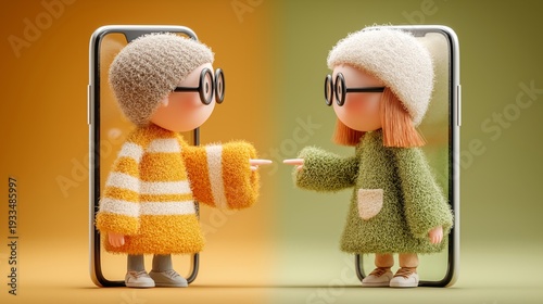 3D Cute Fuzzy Characters Connecting Through Smartphones, Virtual Relationship and Emotional Digital Bond Concept with Knit Wool Texture