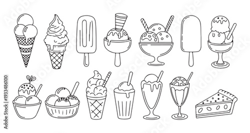 Hand drawn ice cream line art icons collection featuring various cones sundaes popsicles and sweet snacks