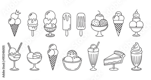 Collection of ice cream line art icons showing different scoops cones cups and frozen dessert varieties