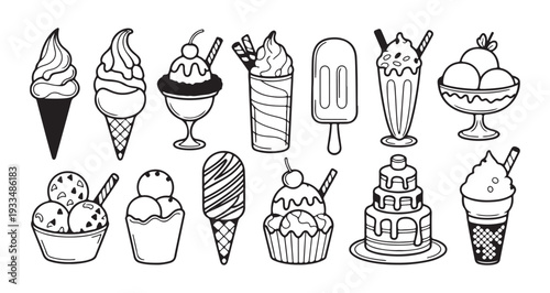Varied ice cream illustrations set including soft serve cones tall glasses layered cakes and cold treats