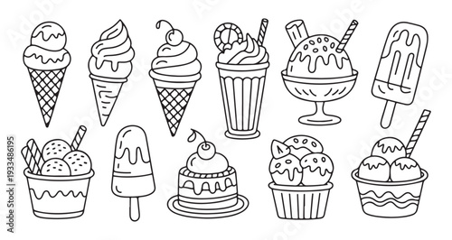 Ice cream doodle collection with various frozen yogurt cones milkshakes popsicles and delicious desserts