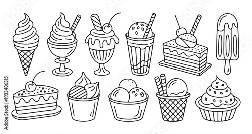 Ice cream set line art vector illustration, desserts in cones, cups, milkshakes, and cakes