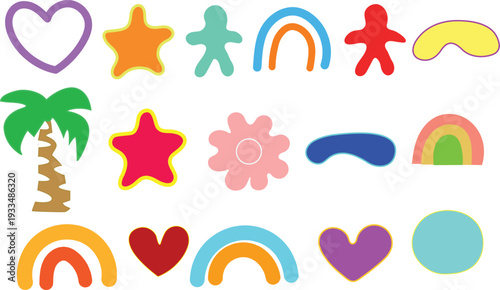 Colorful illustration of various whimsical shapes and symbols
