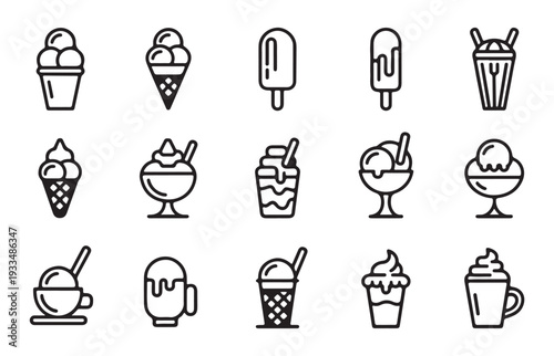 Ice cream vector icon set illustration, collection of various sweet desserts in line art style