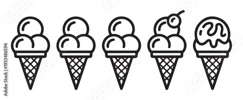 Five ice cream cones with different scoops and toppings in thin black line style for summer dessert menu