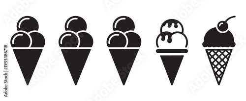 Black silhouette ice cream icons with variety of scoops and toppings for summer food branding and design