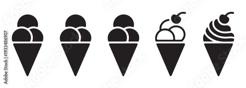 Five black solid ice cream cones single double triple scoops cherry swirl vector illustration isolated on white