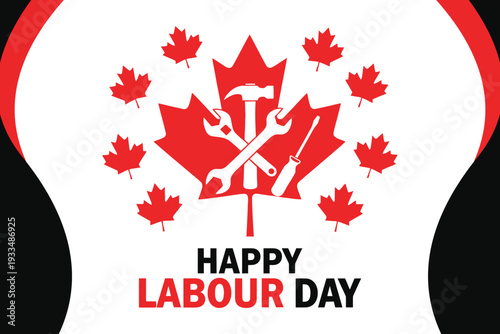 Happy labour day canada celebration with maple leaf and tools