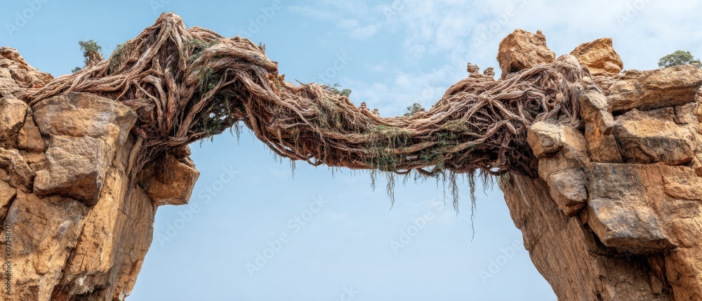 Fototapeta premium Bridge of Living Tree Roots and Glass Connects Cliffs as a Metaphor for New Paths in Life and Hope for Those Seeking Change