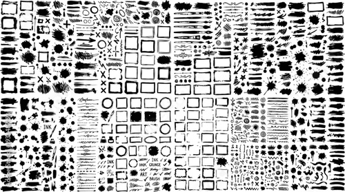 Mega collection of black paint, ink brush strokes, brushes, lines, grungy. Dirty artistic design elements, boxes, frames. Vector illustration. Isolated on white background. Freehand drawing.