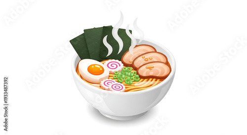 Delicious steaming bowl of ramen with noodles, pork slices, nori, egg, and narutomaki slices