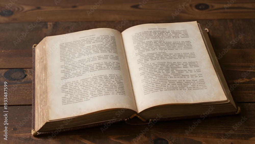 Fototapeta premium Old book with illegible text lies open on a rustic wood surface, inviting exploration