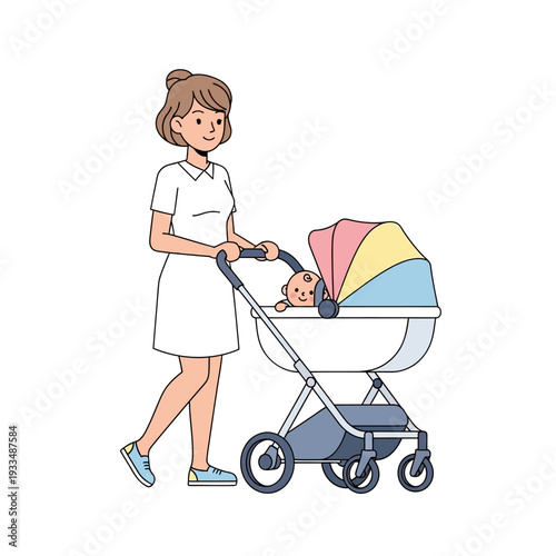 Mother Pushing Baby Stroller Cartoon Illustration.