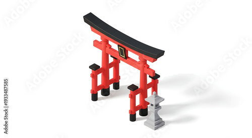 Traditional Japanese Torii gate with stone lantern, isometric view, and architectural design