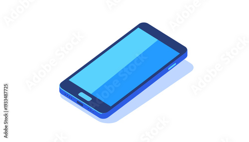 Isometric perspective of a modern smartphone with a bright blue screen, showcasing digital technology and connectivity
