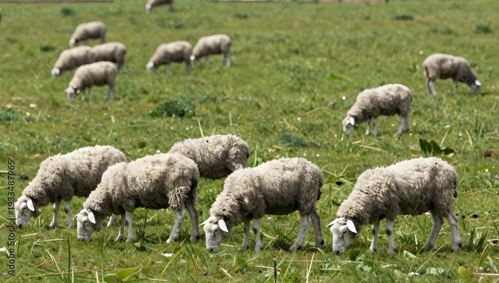 Fototapeta premium Sheep graze peacefully on a sunny day in a green grassy pasture