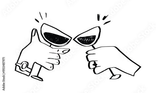 Champagne toast doodle with cocktail celebration elements. Sketch-style party illustration featuring drink outlines, perfect for wedding cards, bar menus, or festive event invitations.