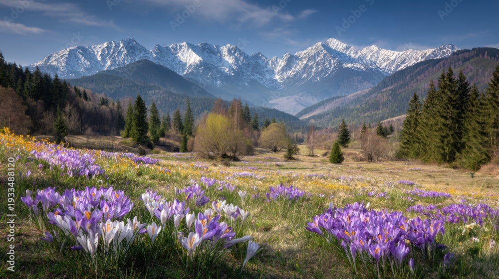 Obraz premium Mountain Meadow With Wild Crocuses and Snow Peaks in the Distance During Springtime With Fresh Air