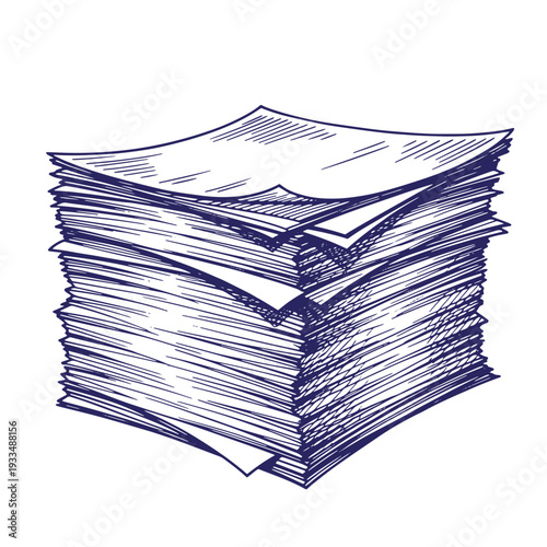 A stack of papers with a messy pile of sheets on top in a sketch style  office documents