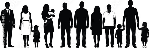 Black silhouette set of diverse people standing in a row including parents with children babies and single men and women.