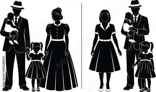 Elegant vintage family silhouette set featuring father wearing fedora hat mother in retro dress and cute little children standing together.
