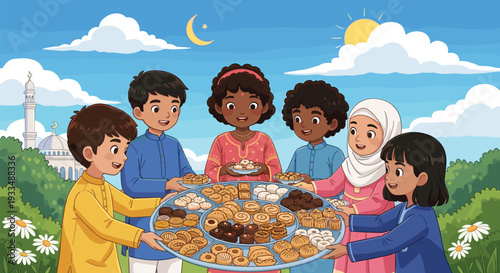 Diverse Muslim children sharing a large tray of traditional sweet festive cookies outdoors with a beautiful mosque in the background.