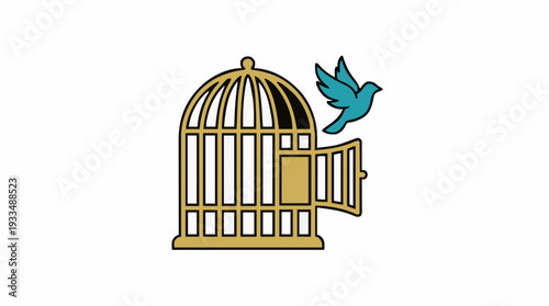 Golden Birdcage Open Door Teal Bird Flying Freedom Concept Illustration Isolated White Background