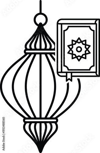 Islamic lantern and holy book line icon illustration