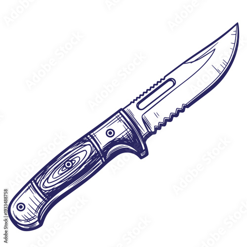 Knife with serrated blade and wooden handle isolated on white background