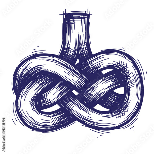 Nautical rope knot illustration in blue ink on white background for maritime or sailing concepts