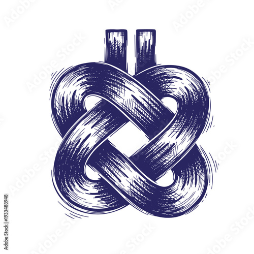 Navy blue Celtic knot design with two protruding ends on white background