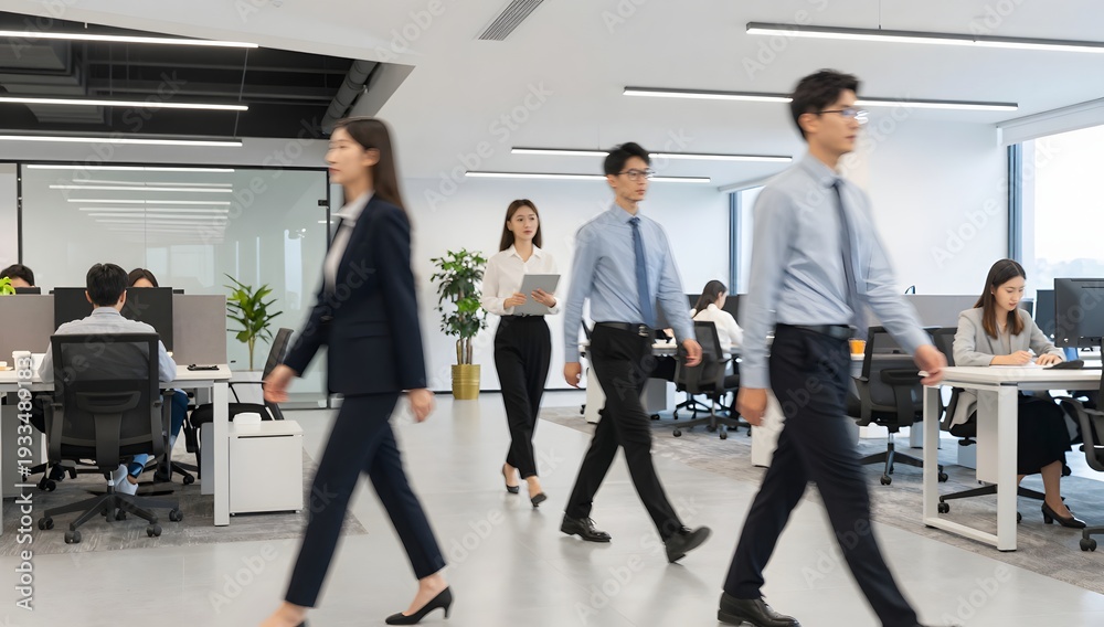 Fototapeta premium Business people walking in modern office space with coworkers working at desks