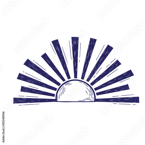 Simple illustration of sun rising with rays on clear horizon line in the morning