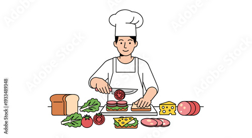 Chef Preparing Sandwich with Fresh Ingredients.