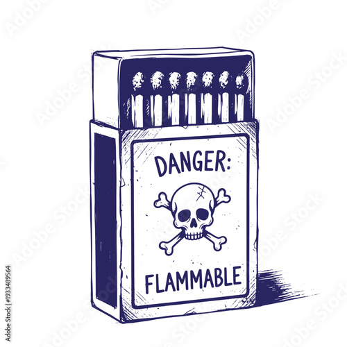 Vintage style illustration of a matchbox with a danger flammable warning label and a skull and crossbones on a white background