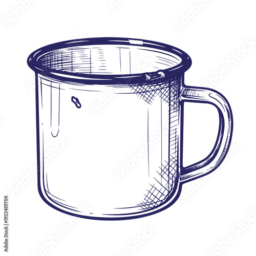 Vintage style illustration of a metal mug with handle on white background  simple design