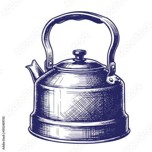 Vintage style illustration of a metal kettle with handle and spout on white