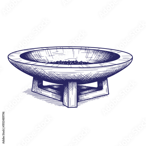 Vintagestyle drawing of an empty stone bowl on a stand with coffee beans inside  simple still life illustration