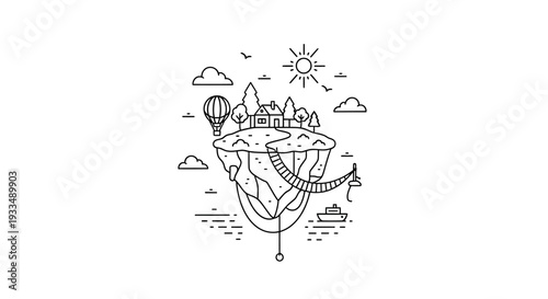 Whimsical illustration of a hammock with a scenic landscape.