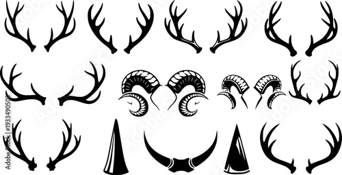 Collection of black stylized deer antlers and animal horns a white background wildlife
