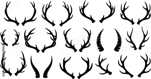Collection of black stylized deer antlers and animal horns a white background wildlife
