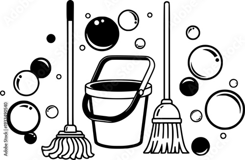Mop bucket and broom cleaning icons bubbles
