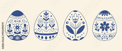 Set of four folk floral Easter eggs with symmetrical botanical ornaments. Blue outline line art vector illustration on beige background
