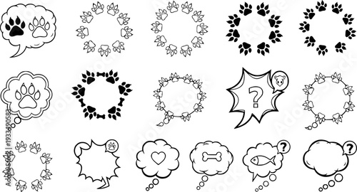 Set of Pet Paw Print Frames and Speech Bubbles
